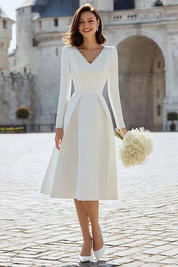 Ivory Long Sleeve A Line Satin Engagement Dress
